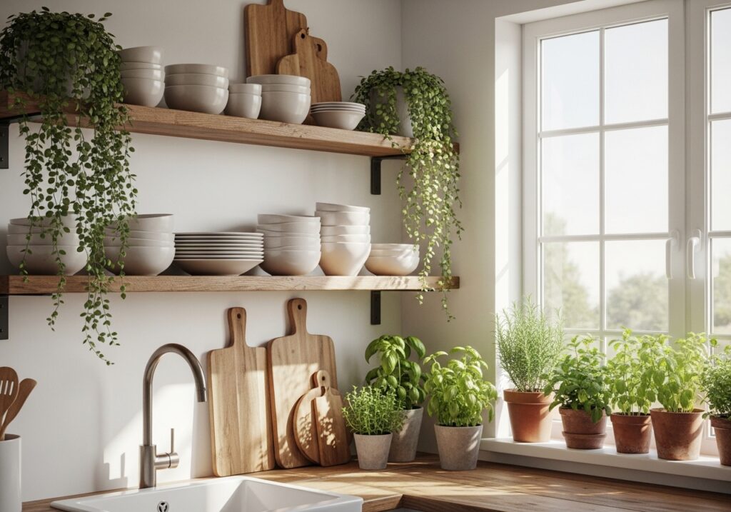 image show decoration of kitchen with wooden shelves.