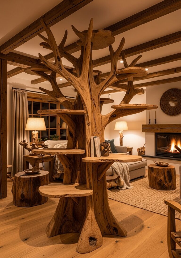 Natural wooden tree shelf decor