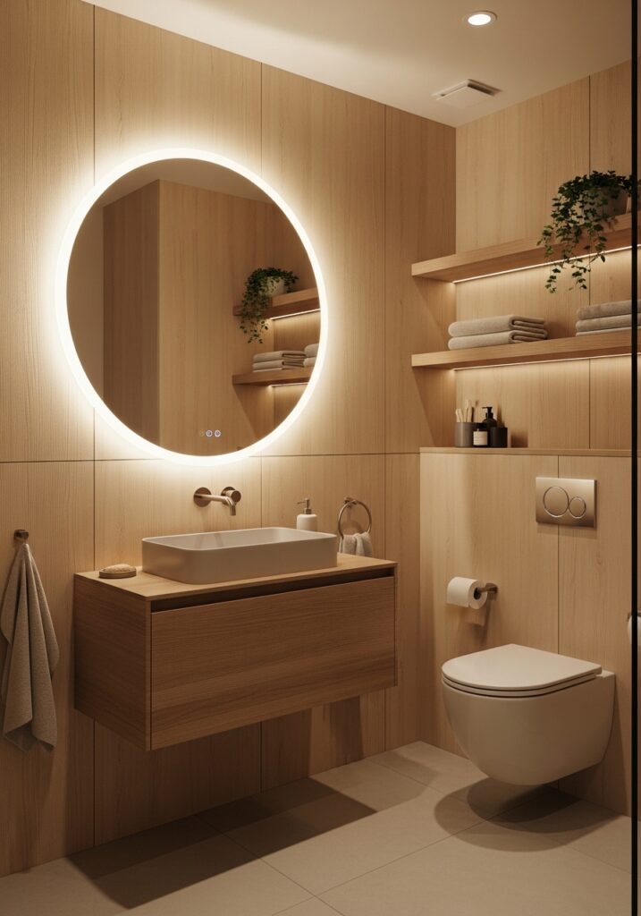 Mirror decoration with LED light and wooden shelf