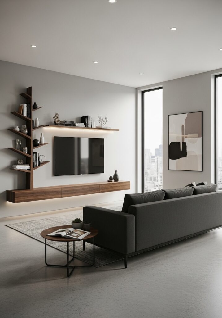 Tree shelf with TV decor ideas 2026