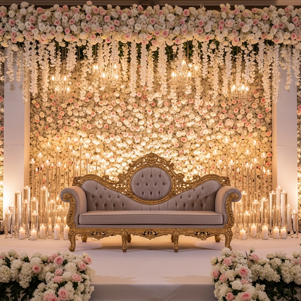 couple seating stage decoration with flowers USA
