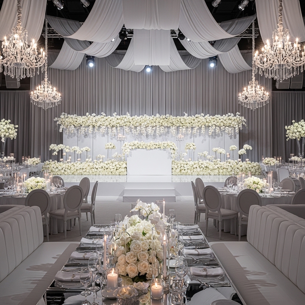 white Floral arrangment of wedding stage and tables