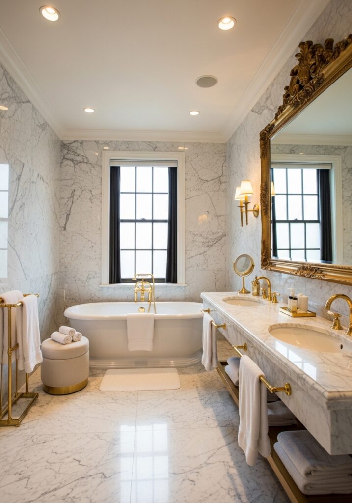 luxury marble bathroom with gold fixtures and freestanding tub