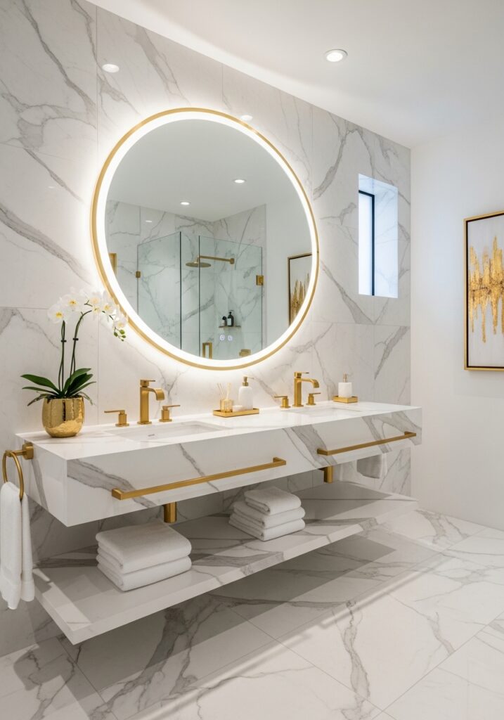 minimal marble bathroom vanity with plants and clean design