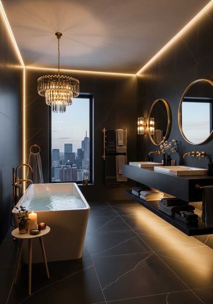 dark luxury bathroom with gold fixtures and chandelier lighting