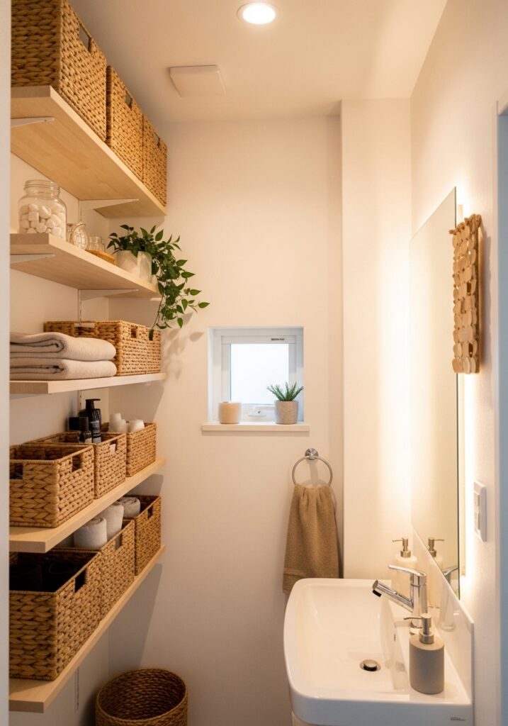 bathroom storage shelves with baskets organization ideas