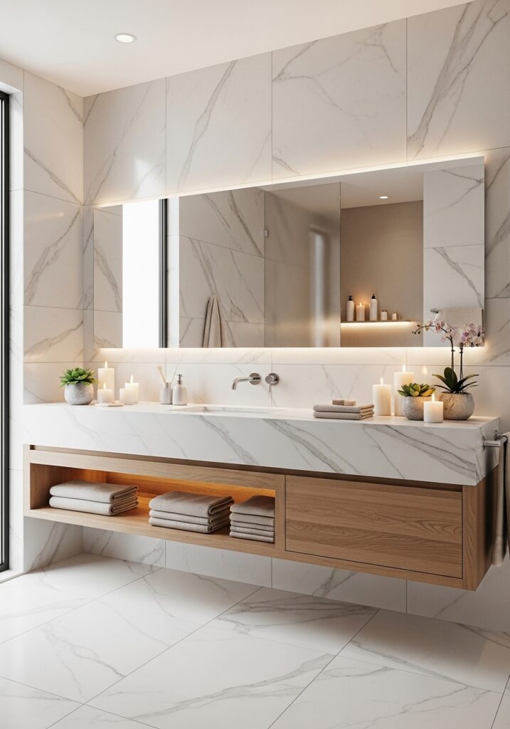 modern bathroom with round LED mirror and gold accents