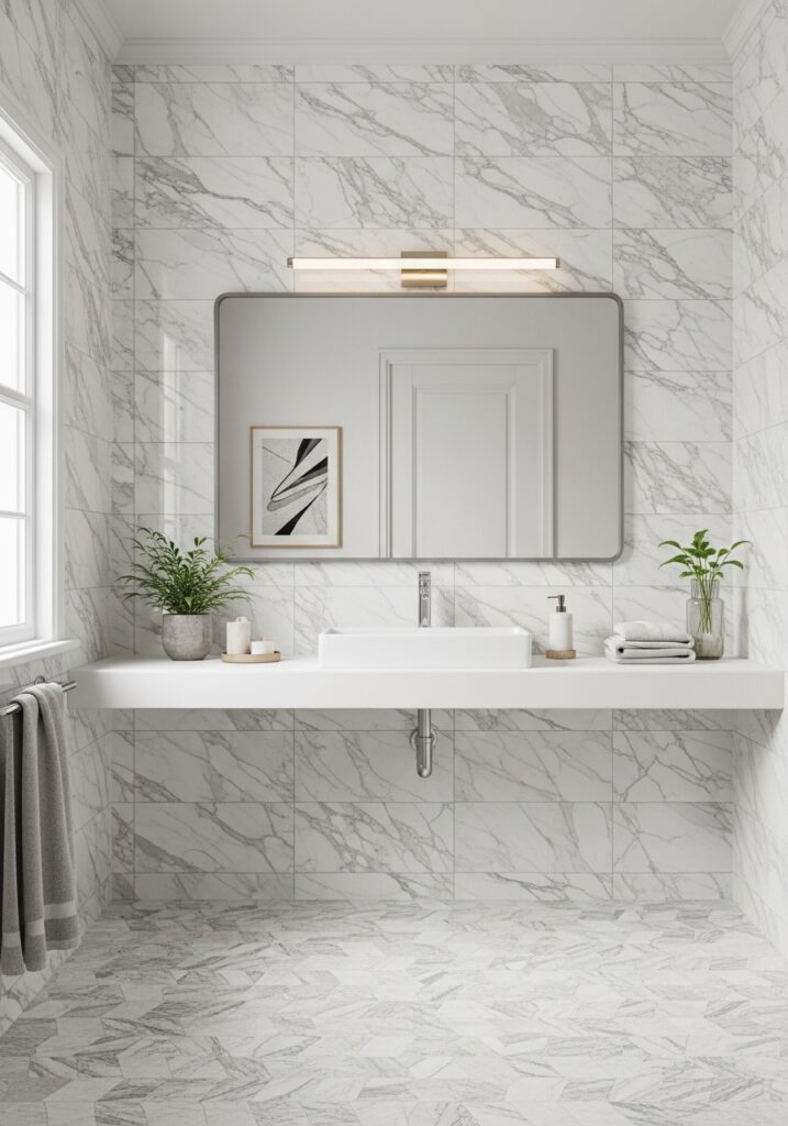 warm bathroom decor with wooden shelves and plants