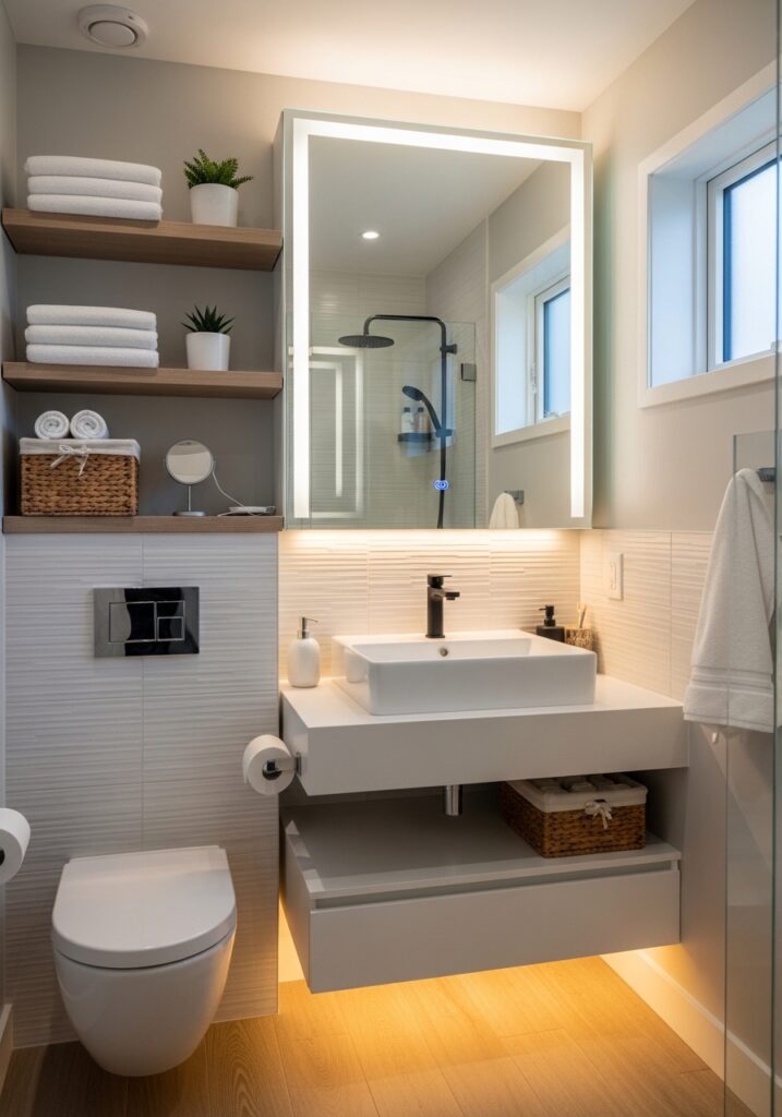 rustic bathroom decor with wooden vanity and warm lighting USA