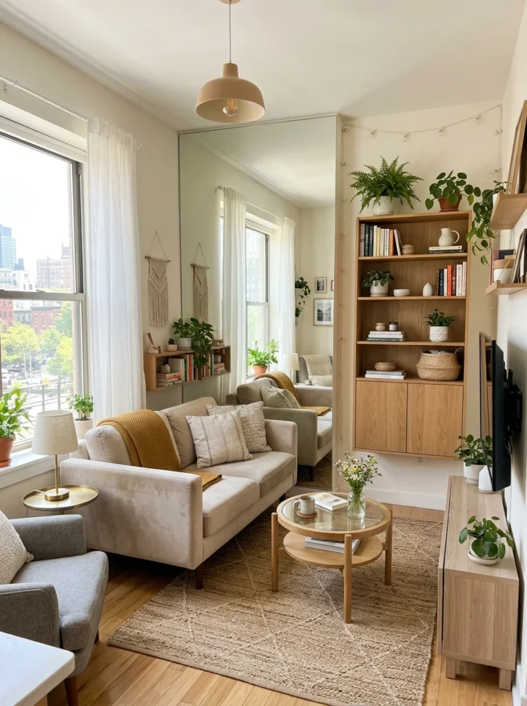 modern living room decor with built in shelf USA