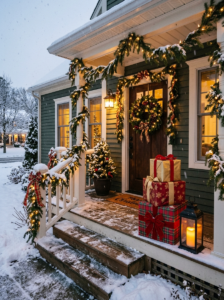 Christmas front porch with large wrapped gift boxes in plaid and gold paper, a glowing lantern, pine garland railing, and snow on the ground