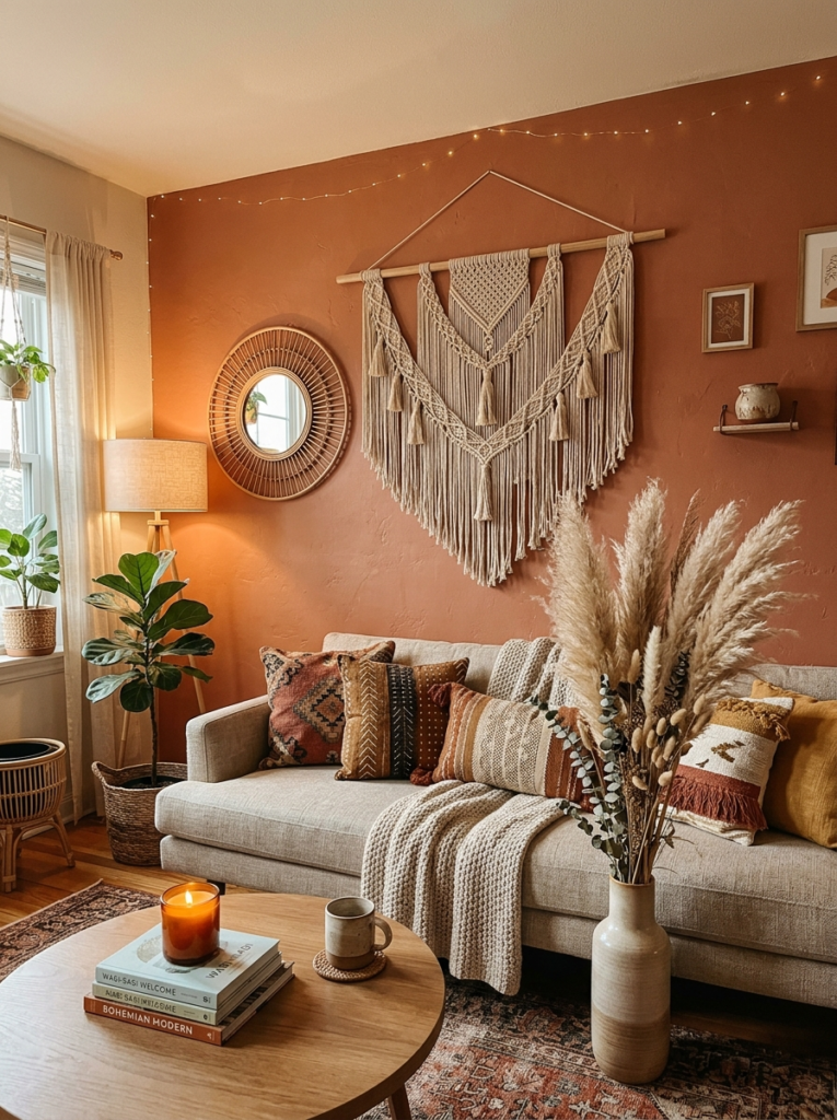 Bohemian minimalist living room accent wall with terracotta paint, macrame hanging and pampas grass, USA viral 
