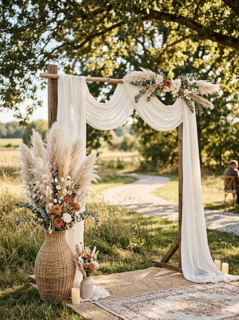 DIY pampas grass and cheesecloth drape wedding ceremony backdrop — budget boho wedding decor idea under $50
