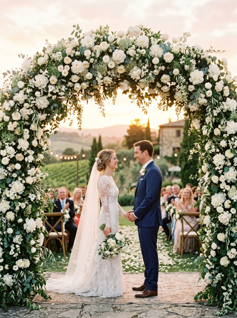 US Bride and groom under floral arch