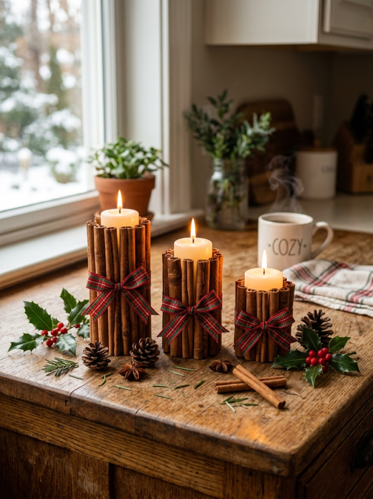 Three DIY cinnamon stick candle bundles tied with red plaid ribbon on a rustic kitchen counter surrounded by pinecones and holly sprigs