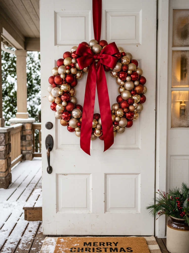 DIY Christmas wreath made of red, gold, and champagne ornaments hanging on a white front door with a red satin bow and light snow on the porch

