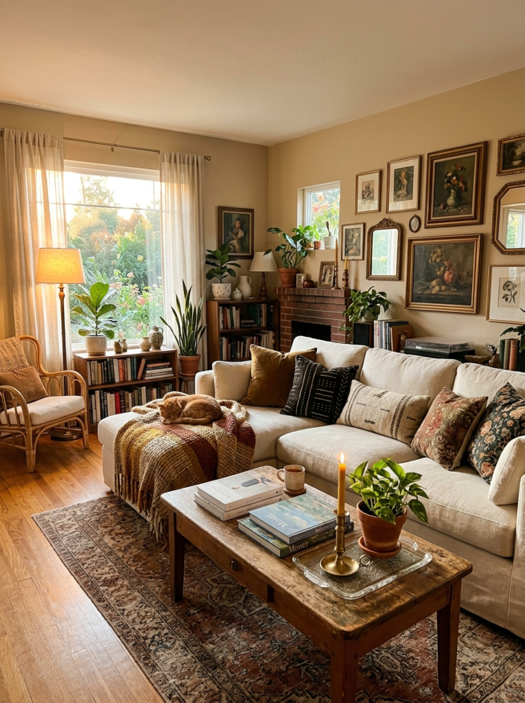 Living room styled with thrifted vintage wooden furniture, cream linen sofa and layered warm textiled