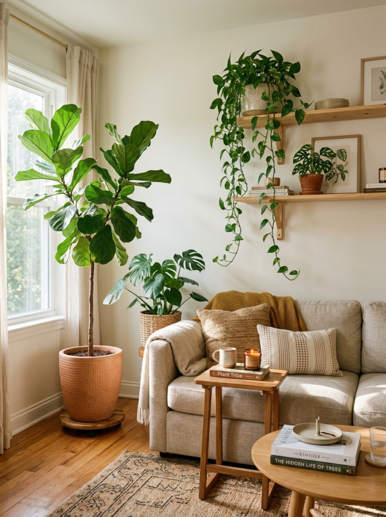 "small cozy living room with layered indoor plants at three different heights, large fiddle leaf fig in corner, trailing pothos on open shelf, linen sofa, warm afternoon natural light, organic and aesthetic"