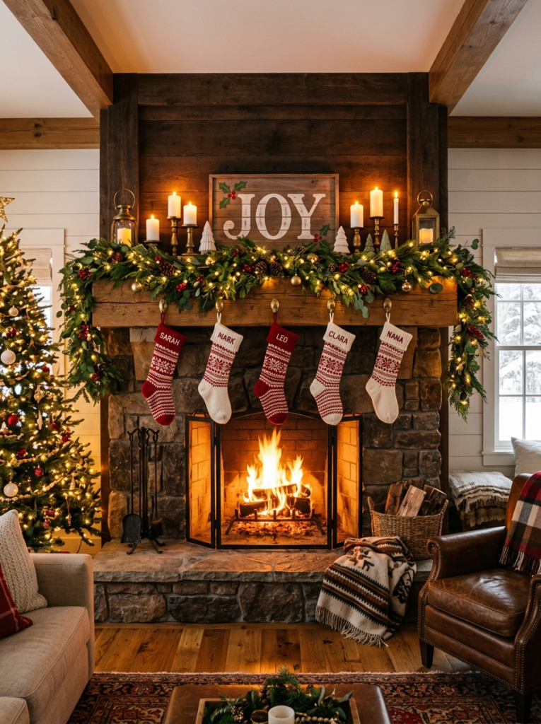 Farmhouse Christmas fireplace mantel decorated with pine garland, white pillar candles, fairy lights, red stockings, and a wooden JOY sign
