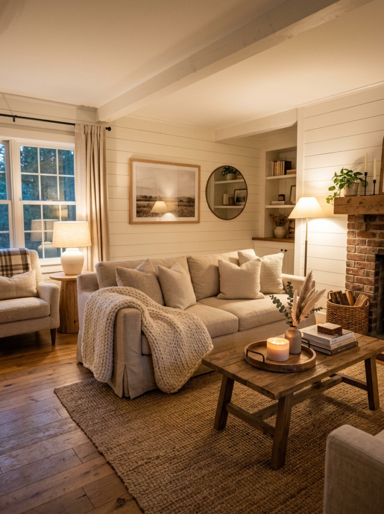 "modern farmhouse living room, cream and warm neutral palette, linen sofa, chunky knit ivory throw blanket, natural jute rug, wooden tray on coffee table, white walls, warm ambient lamp lighting"