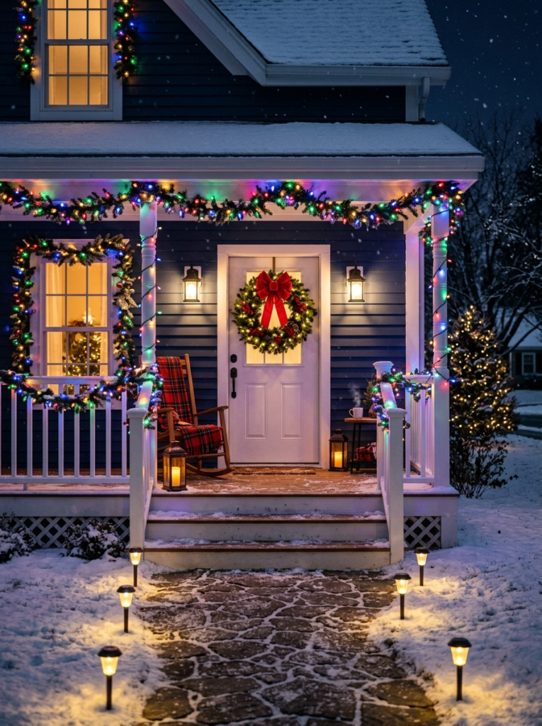 DIY porch front decor on christmas with lights and stars, flowers, and more things, cost effective ideas usa viral