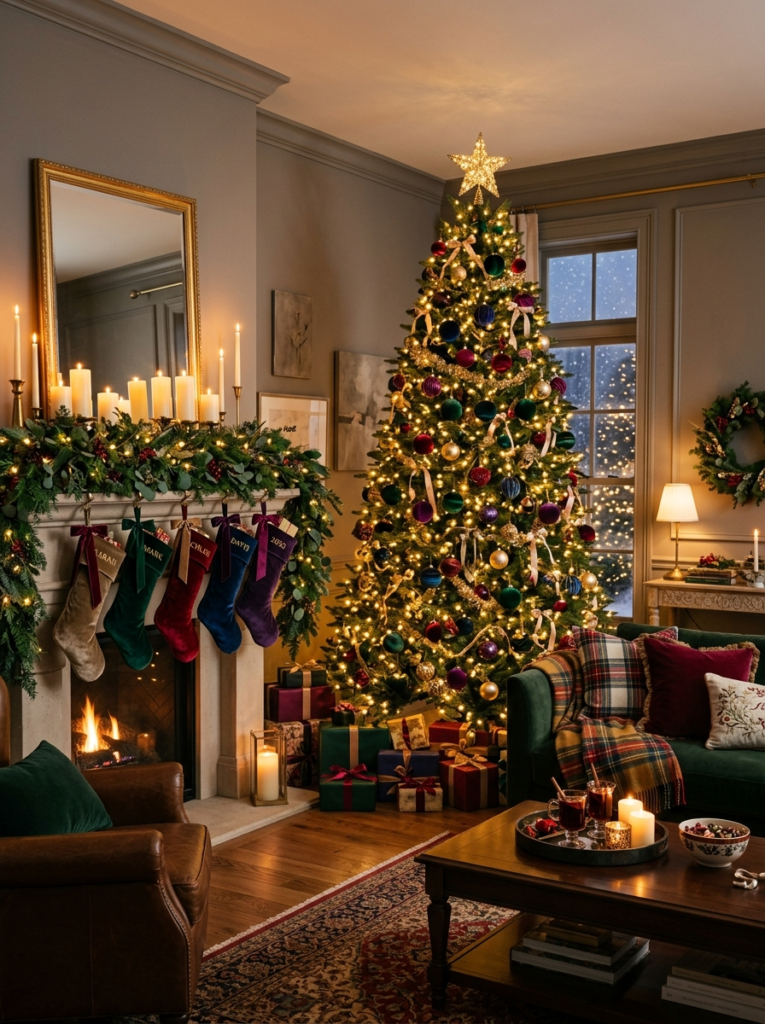 christmas living room decor witj tree and lights DIY christmas decoration pics