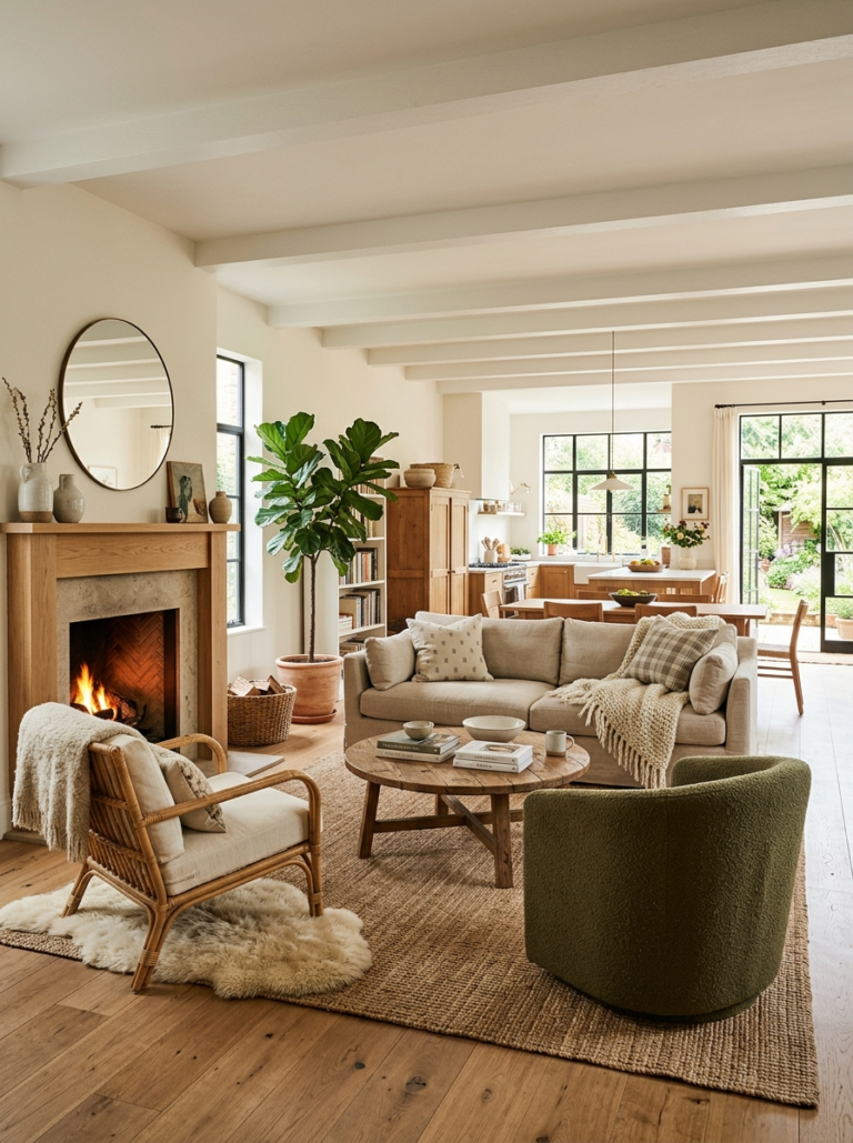 "small cozy living room with layered indoor plants at three different heights, large fiddle leaf fig in corner, trailing pothos on open shelf, linen sofa, warm afternoon natural light, organic and aesthetic"