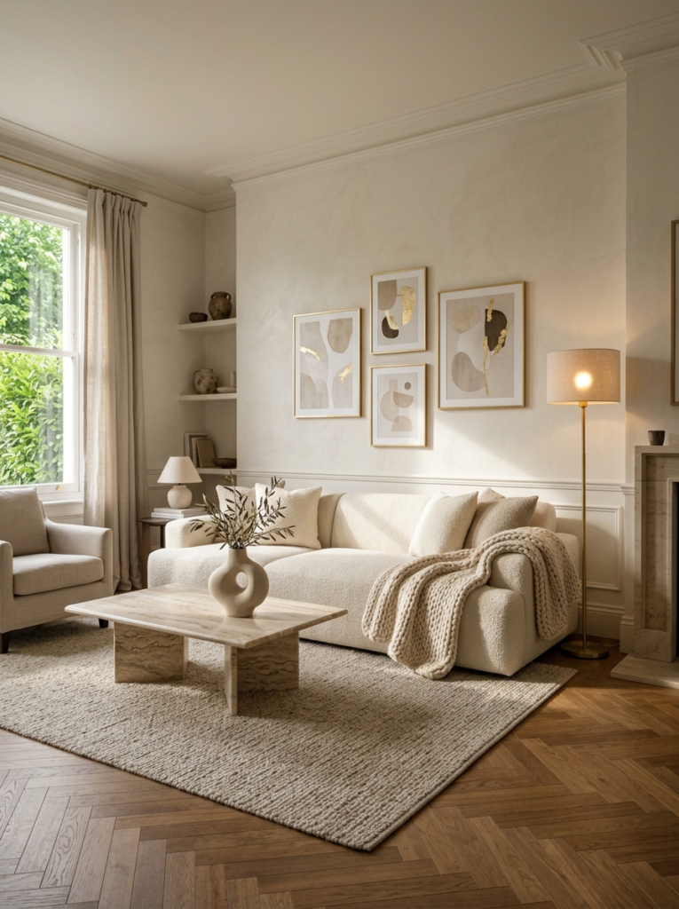 Quiet luxury living room with cream bouclé sofa and marble coffee table — living room decor ideas USA 2026