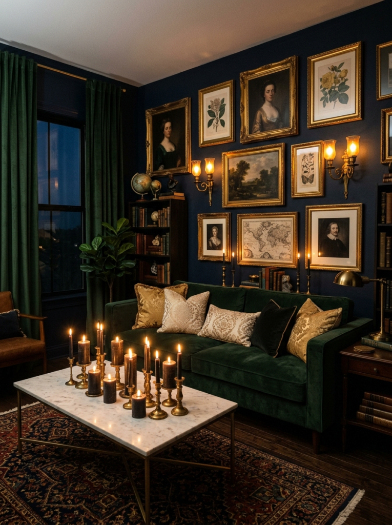 Moody dark wall living room with candles and velvet sofa — bold living room decor ideas USA 2026