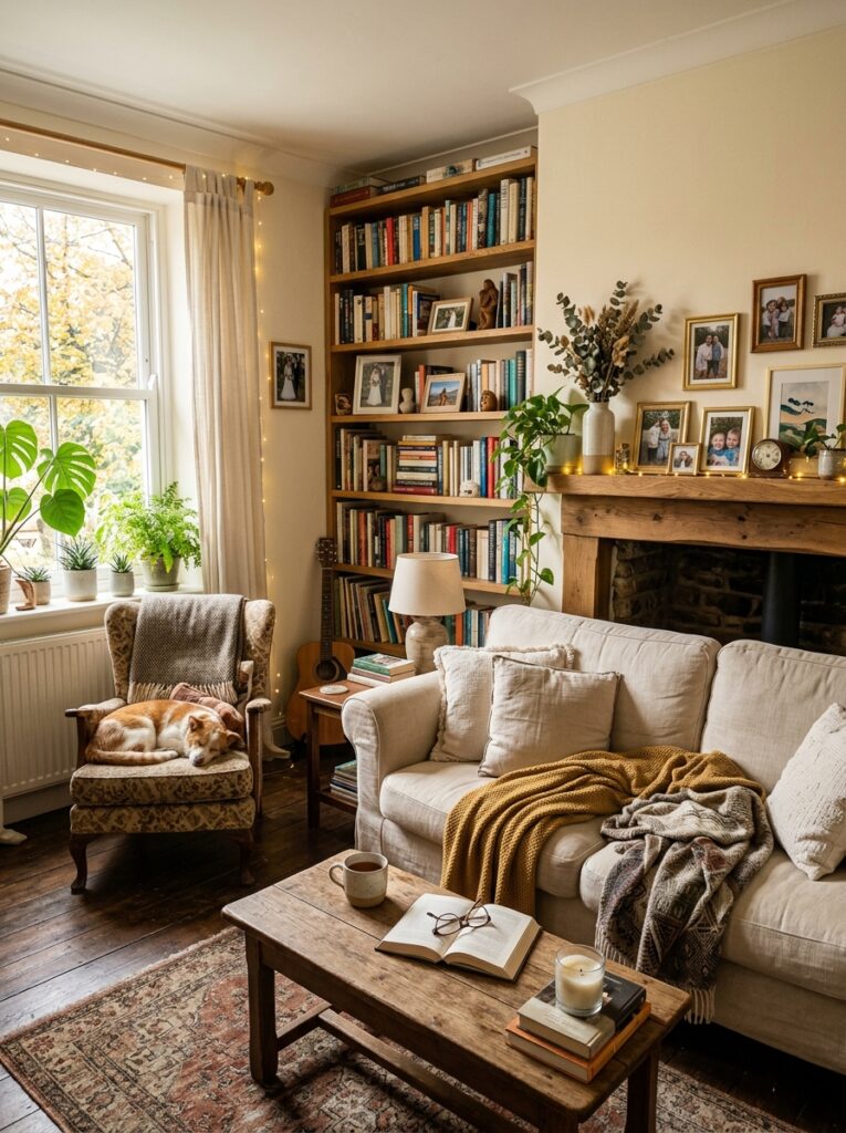 corner book shelf in living room USA