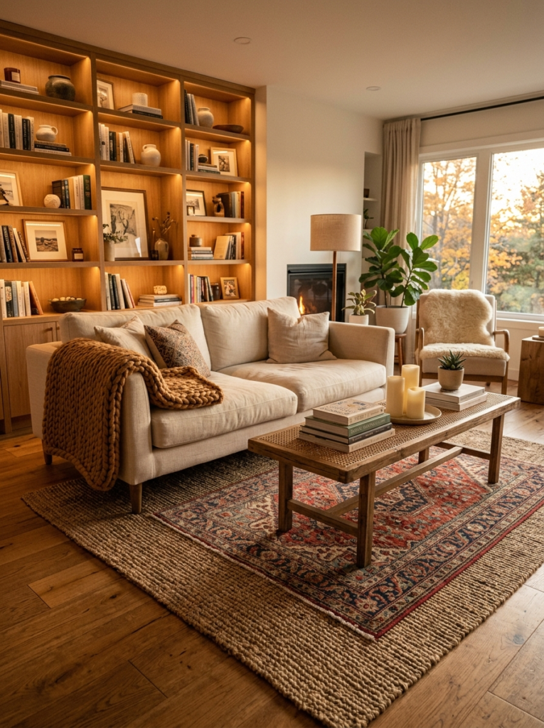 Cozy warm wood layered rug living room decor idea 2026 USA hygge style.