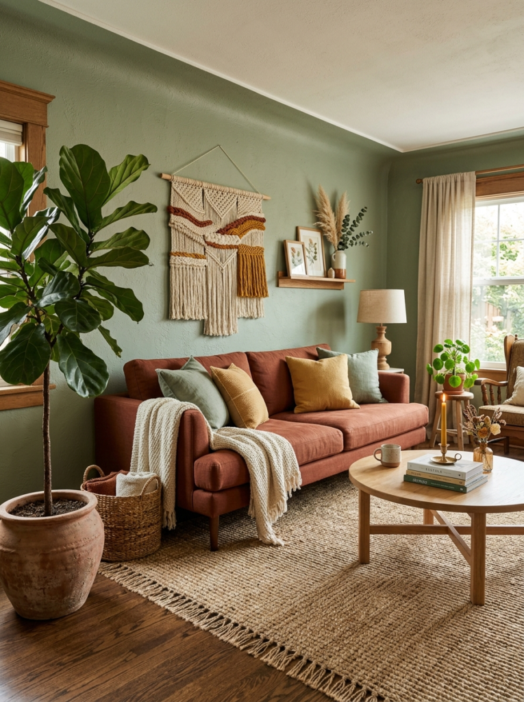 "Earthy sage green and terracotta living room decor ideas for 2026 USA homes"