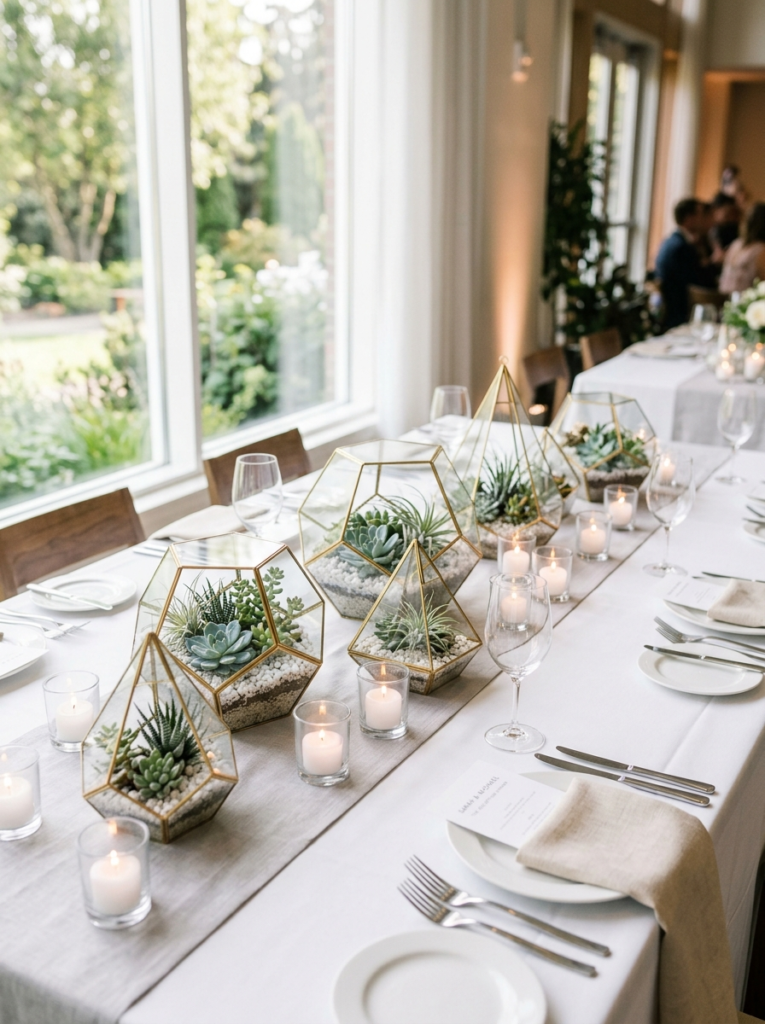 DIY succulent terrarium wedding centerpieces as budget-friendly and reusable wedding table decor and guest favors"