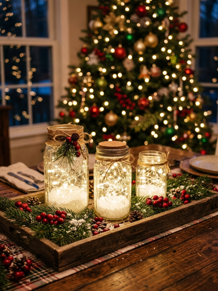 Three glowing mason jar fairy light centerpieces filled with fake snow on a wooden tray with pine sprigs and red cranberries on a dining table