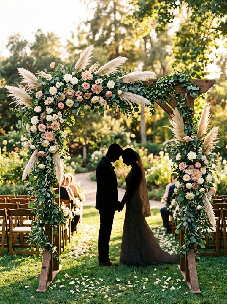 DIY PVC pipe boho wedding ceremony arch with greenery, white roses, and pampas grass — affordable budget-friendly wedding backdrop under $65"