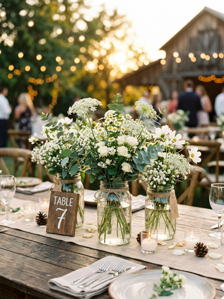 DIY mason jar wedding centerpieces with wildflowers and eucalyptus on a rustic wooden table — budget-friendly wedding decor idea
