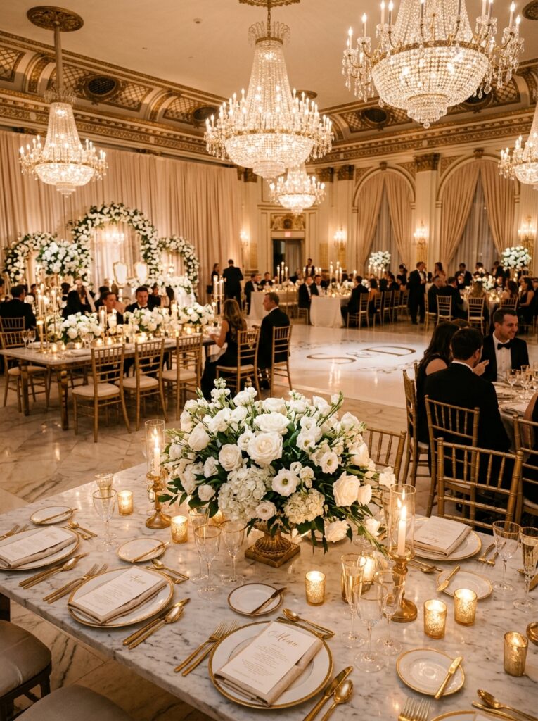 white rose wedding decoration with candles