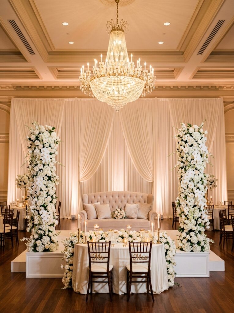 stage decoration ideas USA with flowers and tissue cloths