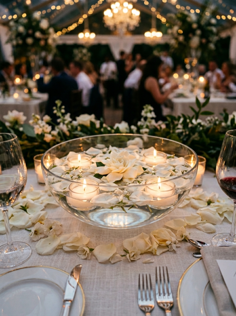 DIY floating candle and flower bowl wedding centerpiece on a white linen table — romantic budget-friendly wedding decor idea"