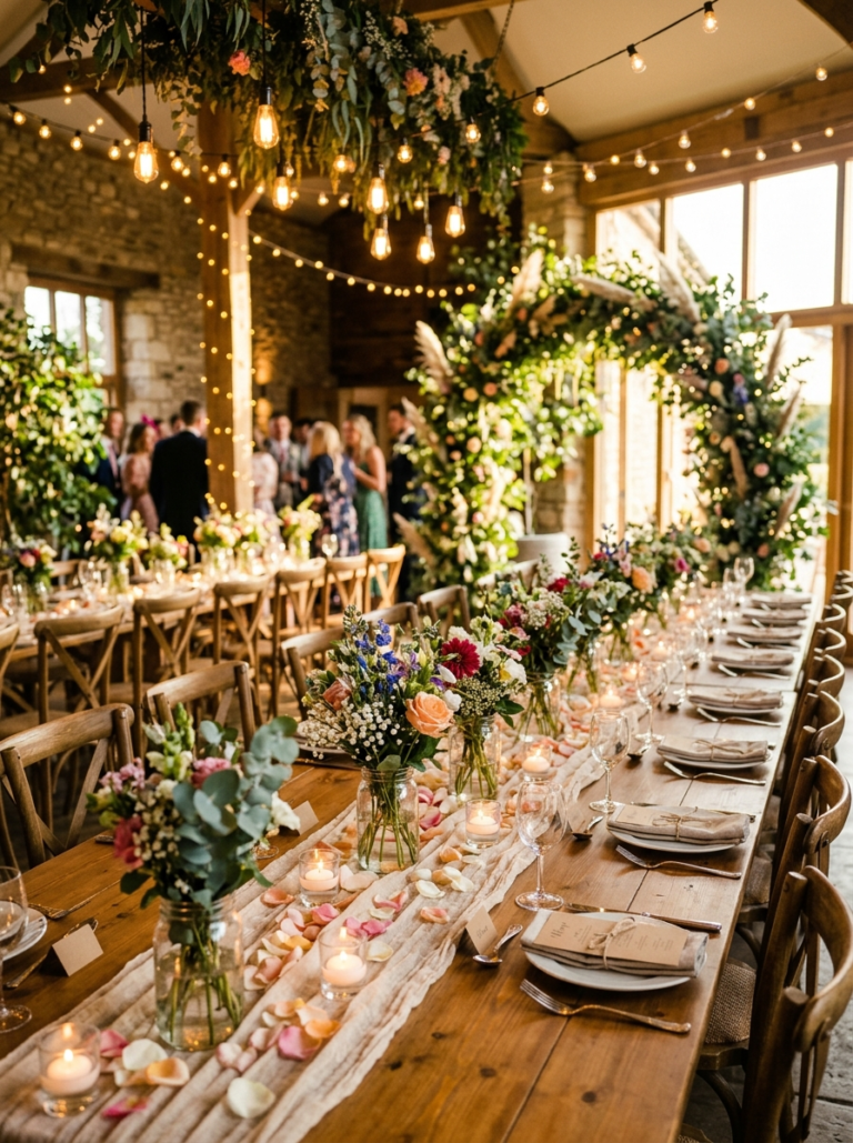 DIY budget-friendly wedding decor setup with mason jar centerpieces, fairy lights, cheesecloth runner, and pampas grass arch — wedding decor ideas 2026